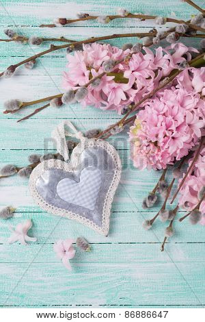Postcard With Hyacynths, Willow Flowers And Heart