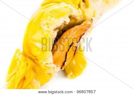 Small flat and soft seed with thick flesh of the Musang King durian variety