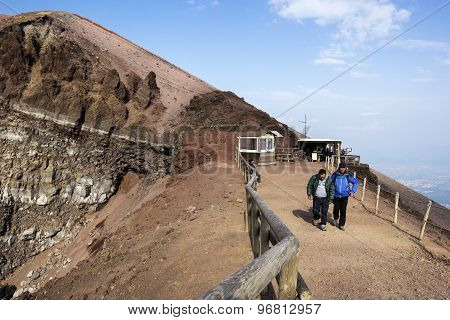 Tourists In Vesuvius National Park In Italy
