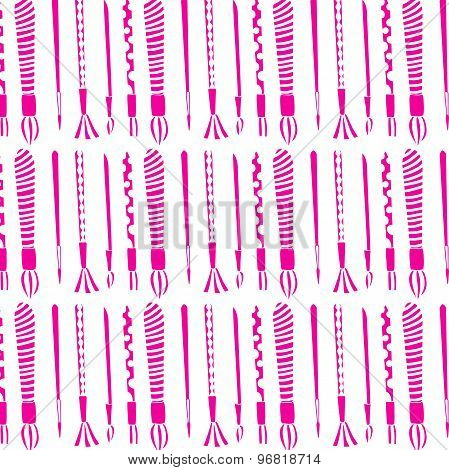 Pattern. Paint brushes. Set of pink brushes on a white background