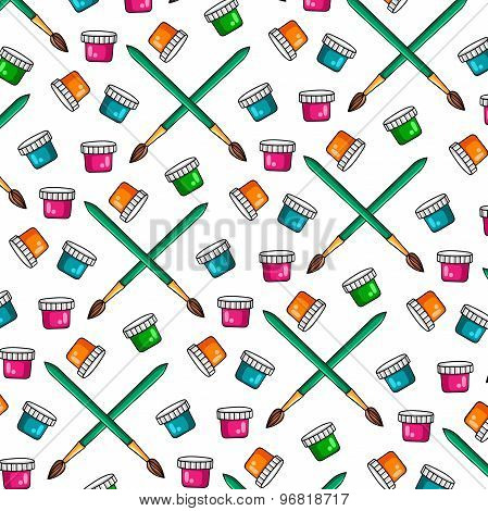 The color pattern of a set of colored paints and brushes for painting. Cans of paint. Brush