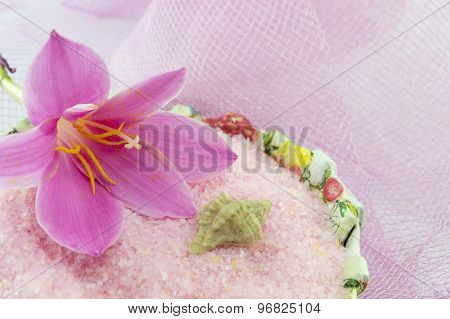 Pink Lily Flower With Pink Bath Salt In Decoupage Decorated  Bowl On Pink Background