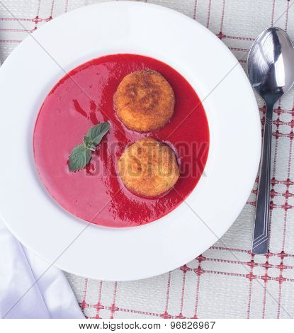 Strawberry Soup With Italian Fried Rice Balls Arancini.