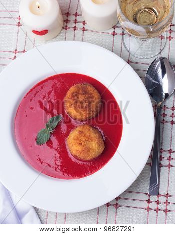 Strawberry Soup With Italian Fried Rice Balls Arancini.
