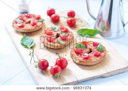 Friselle typical Italian bruschetta with corn tomato and basil