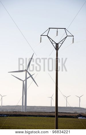 Windmills for electric power production and pylon, La Muela, Zaragoza Province, Aragon, Spain.