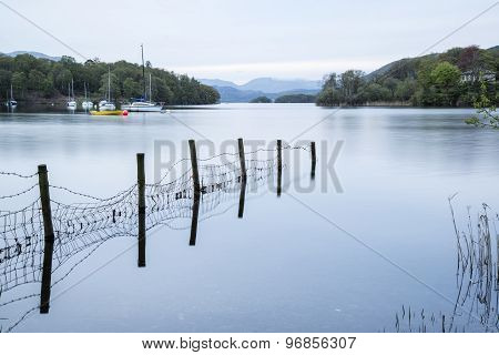 Calm Moody Evening Landscape Over Coniston Water In English Lake District