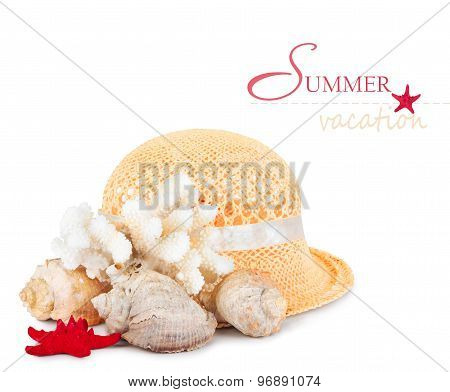 Pretty Straw Hat With Starfish, Pebble And  Mussel