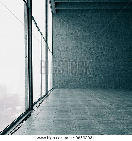 Panoramic windows on the office and cocrete wall. 3d render