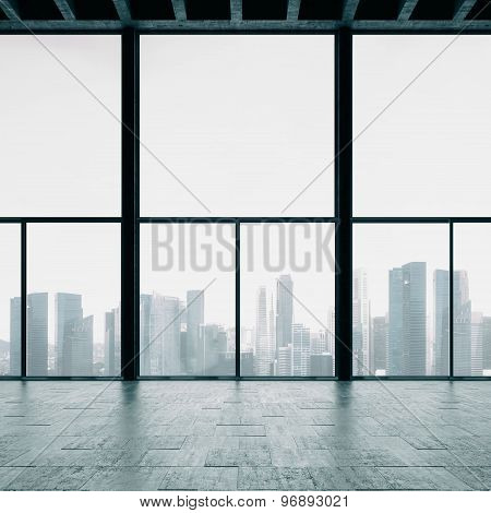 Panoramic windows in loft and cocrete wall. 3d render