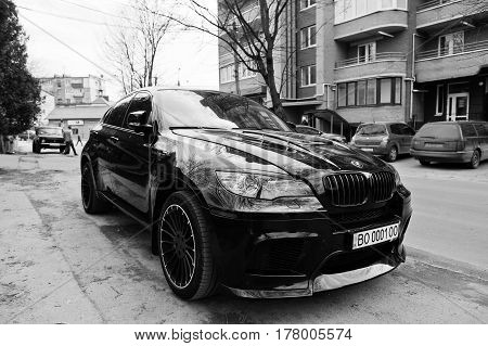 Kiev, Ukraine - March 22, 2017: Black Bmw X6 M Performance At Street.