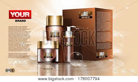 Cosmetic set ads template, moisturizing lotions collection cover mockup. Dazzling effect background. Cream, spray bottle, tube. 3D Realistic Vector illustration