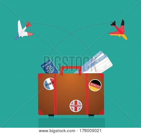Travel Suitcase With Stickers. Vector