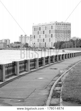 Embankment Obukhov Defense on outskirts of St.Petersburg Russia. Black and white.