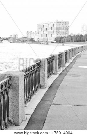Embankment Obukhov Defense on outskirts of St.Petersburg Russia. Black and white.