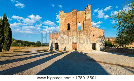 Medieval Abbey of San Galgano from 13th century near Siena Tuscany Italy - example of romanesque architecture in Tuscany