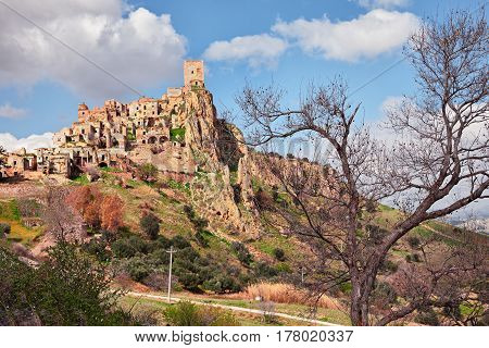 Craco, Matera, Basilicata, Italy: view of the ghost town that was abandoned  due to natural disasters and now is a tourist attraction and a filming location