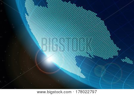 view of the continent of Australia from hexagons from space against the background of the setting sun