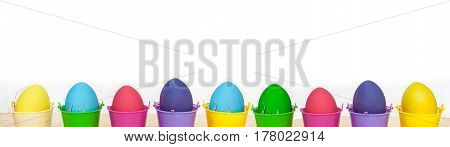 Easter eggs painted in pastel colors on white background. Easter concept