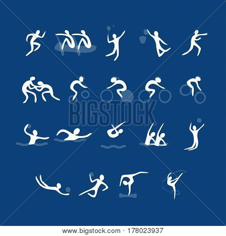 Vector set of sport icons. Collection of white signs. Different kinds of sport on a blue background