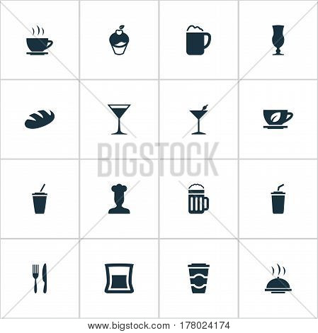 Vector Illustration Set Of Simple Food Icons. Elements Bread, Martini, Smoothie And Other Synonyms Leaf, Chef And Toast.