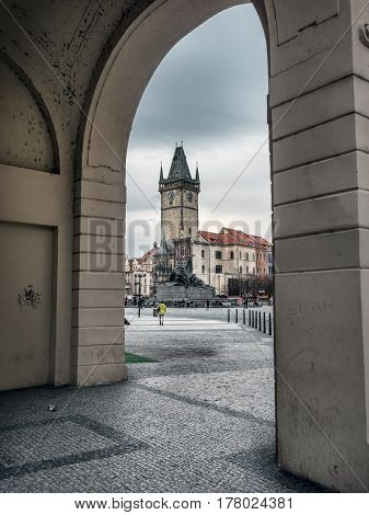 PRAGUE, CZECH REPUBLIC - MARCH 7 2017: Jan Hus monument and Old Town City Hall, Praque, Czech Republic