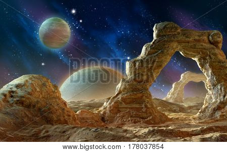 Spacescape with rock arches. 3D illustration.