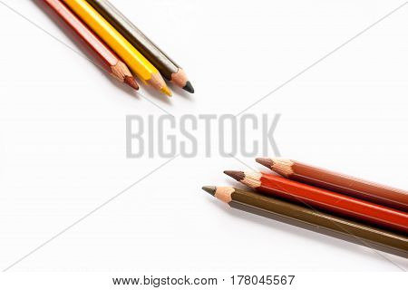 Lots Of Colorful Pencils On White Background. Art Of Creativity And Colaboration