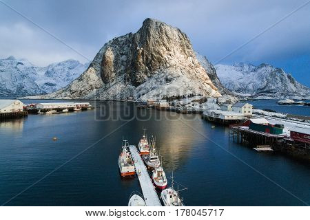The fishing village of Hamnoy in the Lofoten Islands in Norway during the winter sunrise