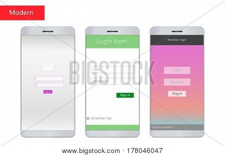 Sign in mobile interface set. Log in  forms set on mobile phone screen.3 Mobile log in interfaces colorful , modern and simple.