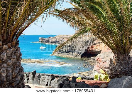 Coastal landscape in the south of Lanzarote, Canary islands, las Coloradas beach to the East of Playa Blanca