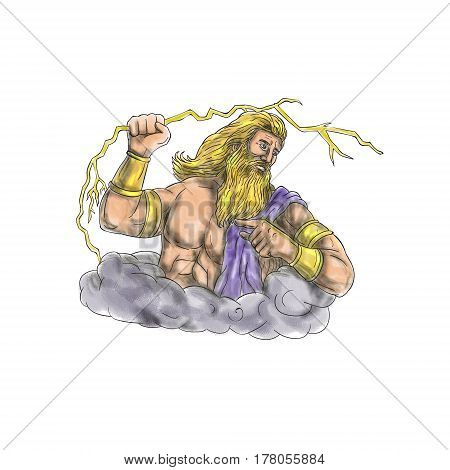 Tattoo style illustration of Zeus Greek god of the sky and ruler of the Olympian gods wielding holding a thunderbolt looking to the side set on isolated white background.