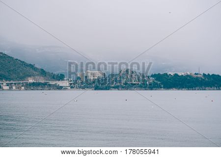 Luxury hotel complex Dukley in Budva, Montenegro. Shooting with the old town of Budva promenade