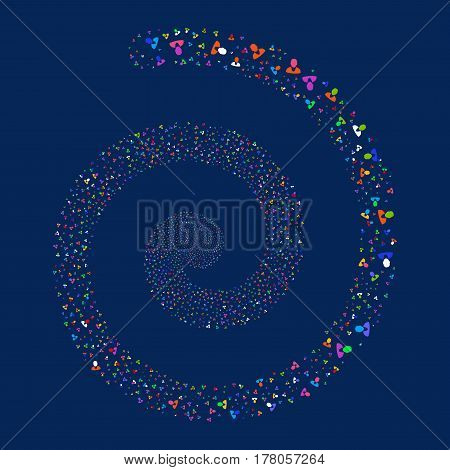 Client fireworks burst spiral. Vector illustration style is flat bright multicolored scattered symbols. Object vortex constructed from random icons.