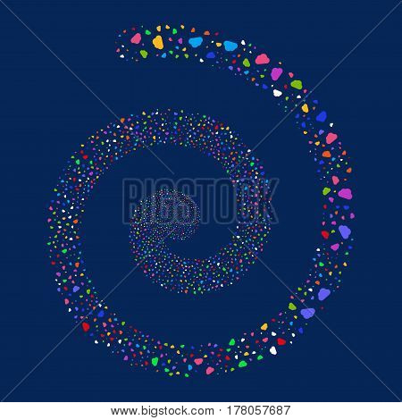 Cloud fireworks whirlpool spiral. Vector illustration style is flat bright multicolored scattered symbols. Object whirlpool constructed from random pictographs.