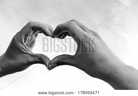 Two hands portraying heart shape symbol in monochorme