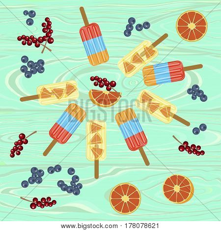 Homemade popsicles with berries and fruits on wooden background. Top view vector illustration eps 10