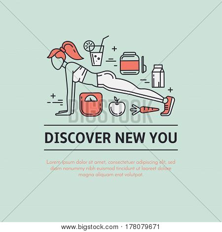 Design concept with thin line icons of healthy living lifestyle, food and fitness training elements. Outline logo template isolated on colorbackground.