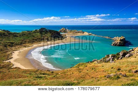 White lighthouse, location - Castlepoint, North Island, New Zealand