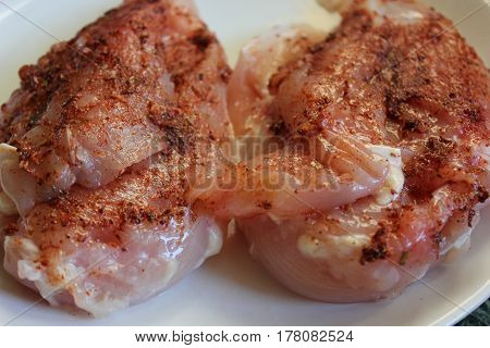 Raw meat and spices. Top view or flat lay.