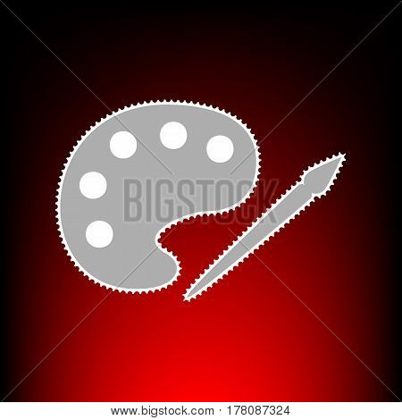 Palette and paint brush sign. Postage stamp or old photo style on red-black gradient background.