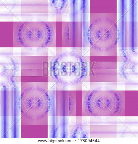 Abstract geometric seamless background. Regular concentric circles and stripes pattern in violet shades with white, purple and light blue elements, overlaying and shifty.