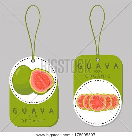 Vector illustration logo for whole ripe fruit red guava cut half sliced amrood background.