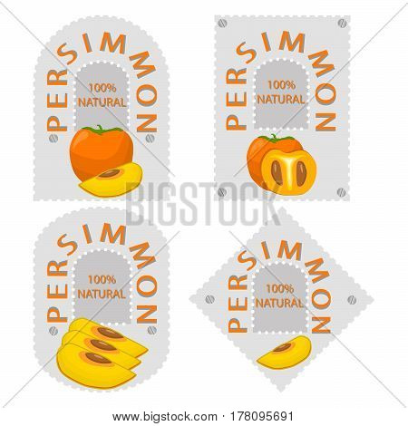Vector illustration logo for whole ripe yellow fruit persimmon green stem leaf cut half sliced kaki background.