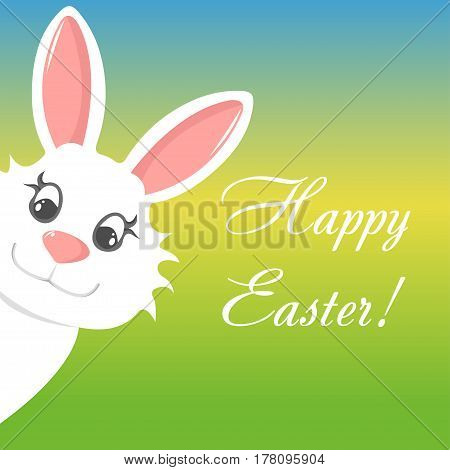Happy easter greeting card with bunny and text banner on colorful background