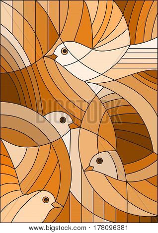 Illustration in stained glass style with abstract birds Sepiatone brown
