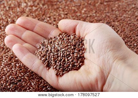 Flax seeds in the hand of a woman