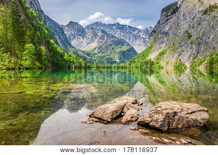 Rocky Shore Of Obersee Lake In Alps, Germany, Europe