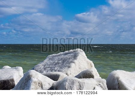Winter on shore of the Baltic Sea in Sassnitz Germany.