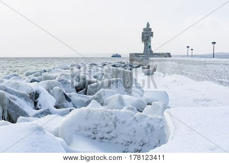 Winter on shore of the Baltic Sea in Sassnitz Germany.
